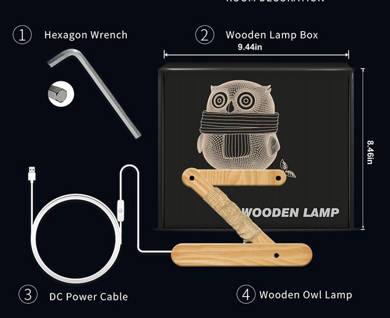 3D Wooden Owl Decor Lamp
